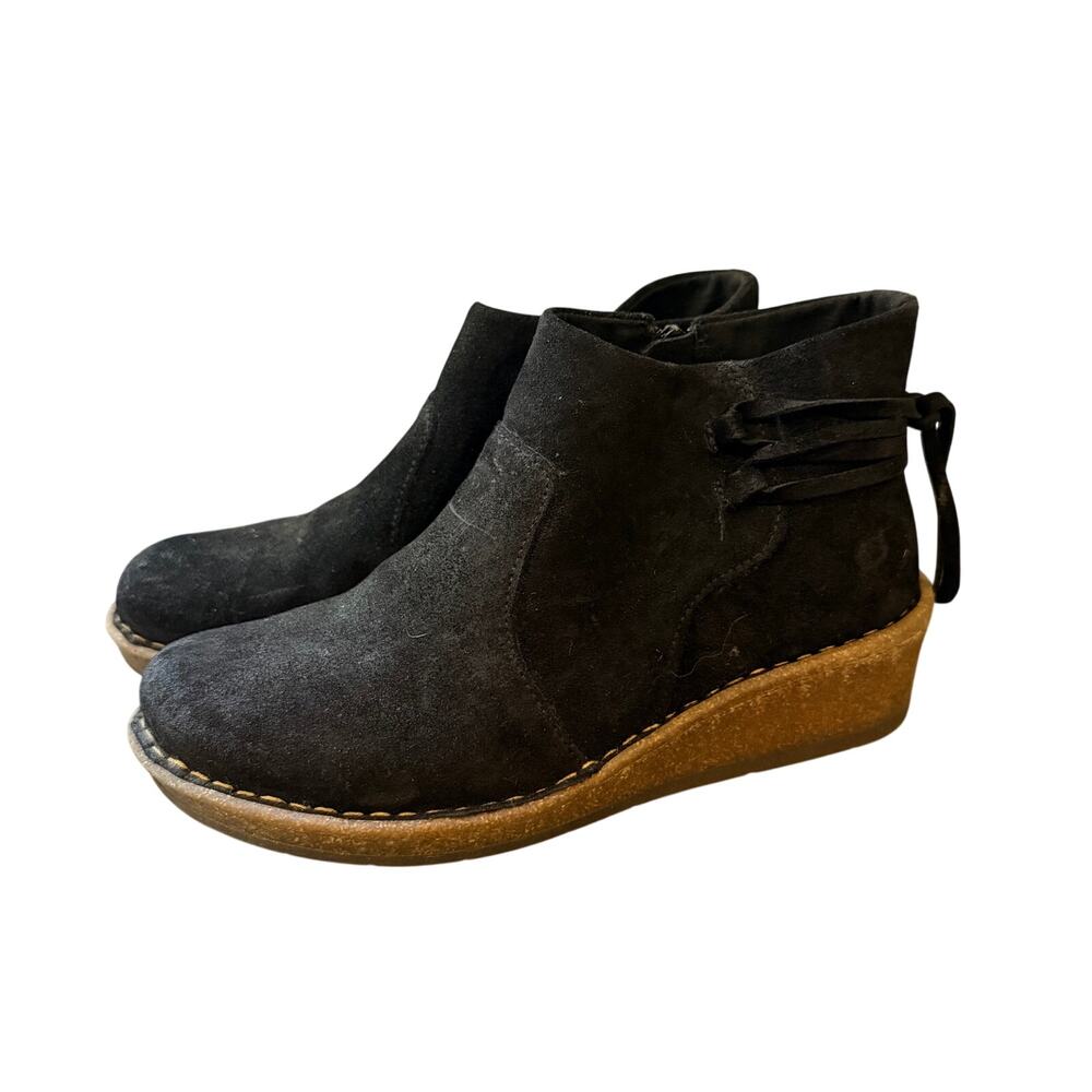 Born Viana Womens Ankle Boots Black Suede Wedge Heel Side Zip Size 8 38/39